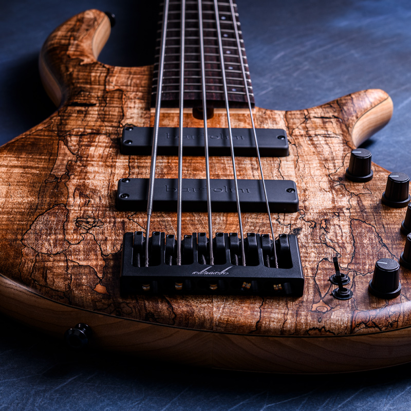 Elrick Bass Guitars Gold Series e-volution 5 Curly Black Line Spalted Maple Top